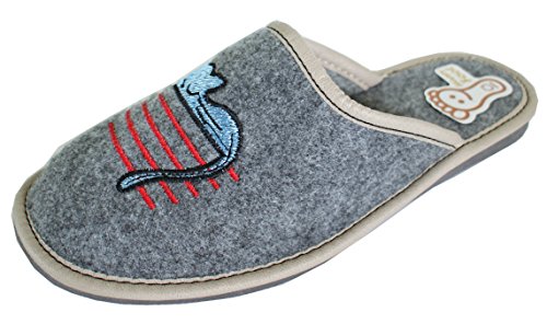 Revise - Zapatillas de estar por casa para mujer, de fieltro, con suela de goma, diseño de gato bordado, color Gris, talla 42 EU