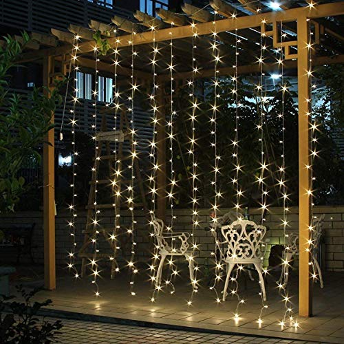 SALCAR Cortina de luces LED, 9 * 3m LED cadena, impermeable 900 LED tira para sala de estar, jardín, terraza, fondo de TV, patio, etc. - Blanco cálido