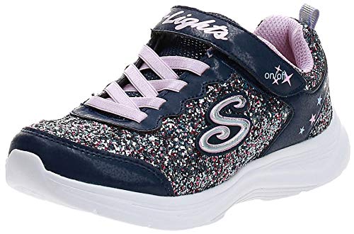 Skechers Glimmer Kicks N' Glow, Zapatillas Deportivas de Estilo Casual con Cordones Elásticos Niñas, Multicolor (NVLV Black Rock Glitter/Pink & Mint Trim), 33 EU