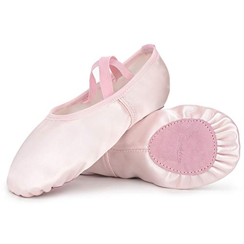 Soudittur Zapatillas de Ballet Satén -Media Punta Calzado de Danza para Niña y Mujer Adultos Suela Partida de Cuero Rosa Tallas 32 (Elija Un Tamaño Más Grande)