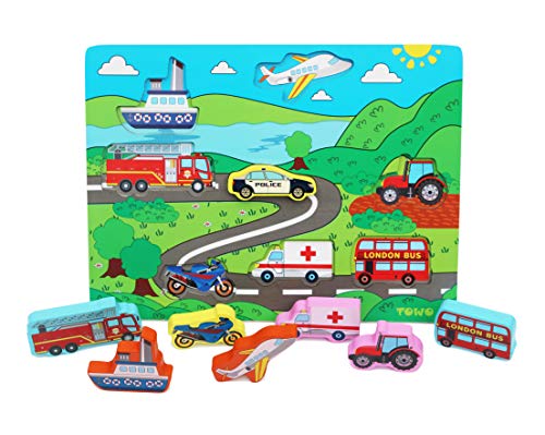 TOWO Juguete de Vehiculo Infantil de Madera para Niños - Tablero de Rompecabezas de Madera - Juguete Educativo de coches para bebes - Motricidad fina 2 años - juguetes montessori 1 años