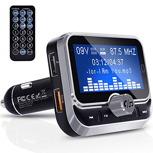 Transmisor FM Bluetooth, Clydek Transmisor FM Universal Adaptador de Radio Kit de Automóvil con Control Remoto, Cargador Dual USB y Llamadas con Manos Libres [Pantalla Grande de 1,8 Pulgadas]