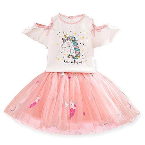 TTYAOVO Conjunto de Ropa para Niñas, Camiseta Unicornio Tops de Niña con Vestido de Fiesta de Cumpleaños de Princesa de 2-3 años(Talla100) 616 Blanco