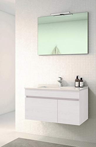 VAROBATH Conjunto de Mueble de baño suspendido de 1 cajón amortiguado y 1 Puertas con Lavabo de Cerámica, y Espejo Liso - Mueble MONTADO - Modelo SOKI (80 cms, Blanco)