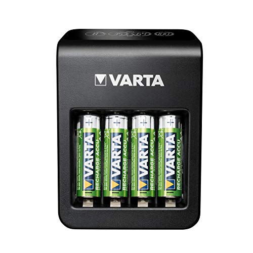 VARTA LCD Plug Charger+ para AA/AA/9V y Dispositivos USB, Carga de una Sola Ranura, detección de células defectuosas, Incluye: 4X VARTA Recharge ACCU Power AA 2100mAh