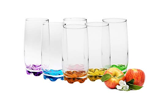 Vasos de cristal de 350 ml, juego de 6 piezas con base de colores, vasos de agua, vasos de zumo, vasos de whisky, Juego de 6 unidades.