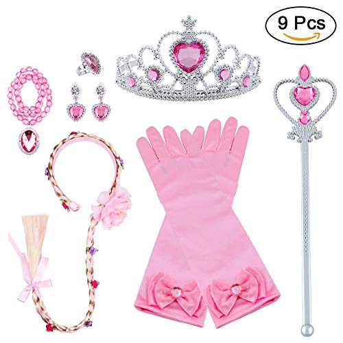 Vicloon 9pcs Accesorios de Princesa Dress Up para Niñas Trenza Varita Mágica Corona Diadema Collar Guantes para Cosplay Carnaval Fiesta de Cumpleaños