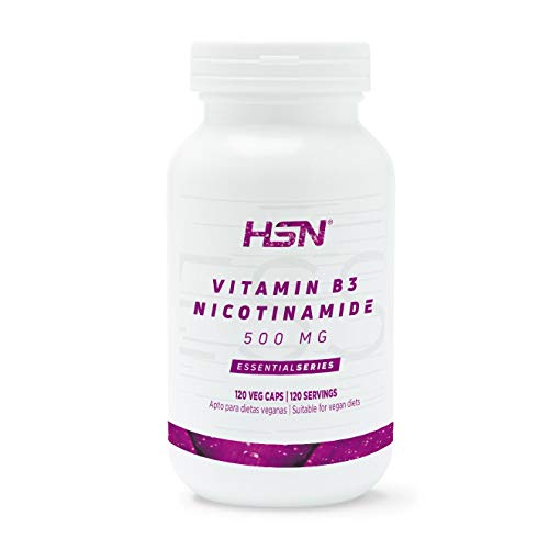 Vitamina B3 de HSN | 500 mg | Suministro 4 Meses | Fórmula de liberación inmediata de Nicotinamida | No produce Flush | Vegano, Sin Gluten, Sin Lactosa, 120 Cápsulas Vegetales