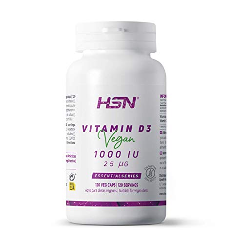 Vitamina D3 Vegana de HSN | 1000 IU Colecalciferol (procedente del Liquen) | Suministro para 4 Meses | Absorción de Calcio + Salud Ósea | Vegano, Sin Gluten, Sin Lactosa, 120 Cápsulas Vegetales