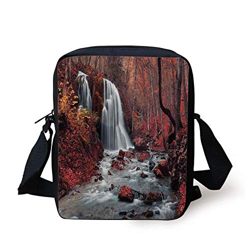 Waterfall,Waterfall and Autumn Forest Silver Stream Fall Nature in Crimea,Paprika Dark Brown Orange Print Kids Crossbody Messenger Bag Purse