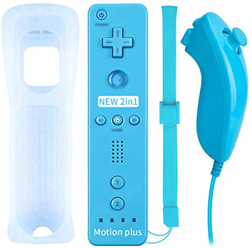Wii Wireless Remote Motion Controller y Nunchuk - Mando de repuesto para mando de juego con funda de silicona y correa, compatible con Nintendo Wii y Wii U (azul)
