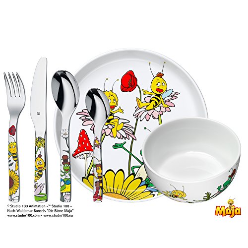 WMF La abeja Maya - Vajilla para niños 6 piezas, incluye plato, cuenco y cubertería (tenedor, cuchillo de mesa, cuchara y cuchara pequeña) (WMF Kids infantil)