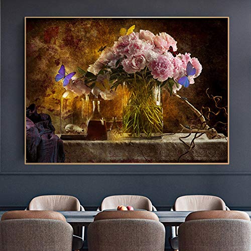 wZUN Decoración de Arte de Flores clásicas Europeas Pintura sobre Lienzo Carteles e Impresiones Vintage Regalos artesanales imágenes Retro para la Sala de Estar 50X70 CM