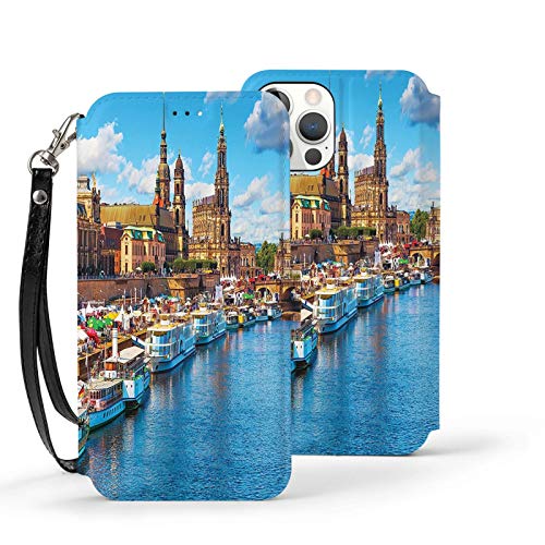 Y-Store Iphone12 Series Flip Case with Card Holder PU Leather+TPU Cover Wanderlust Decor Collection Summer View of The Old Town Architecture with Elbe River Embankment In Dresden Picture Aqua Beige