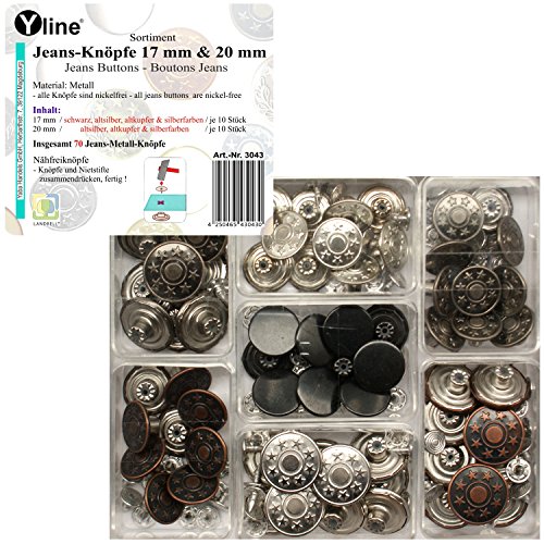 Yline Lote de 70 botones para vaqueros (metal, 17 mm y 20 mm), color negro y cobre envejecido, plata envejecida y plata, sin costuras, 3043