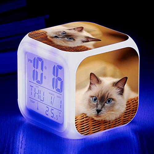 Yyoutop Cute Pet Cat Alarm Clock 7 Color Glowing Digital Alarm Clock LED Big Screen Display Time Date Multifunction Electronic Clock White
