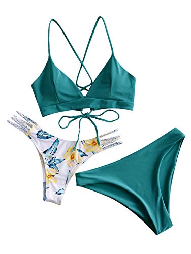 ZAFUL Conjunto de bikini de dos piezas para mujer con sujetador push-up ajustable en la espalda, triángulo bustle con patrón de flores verde-1 S