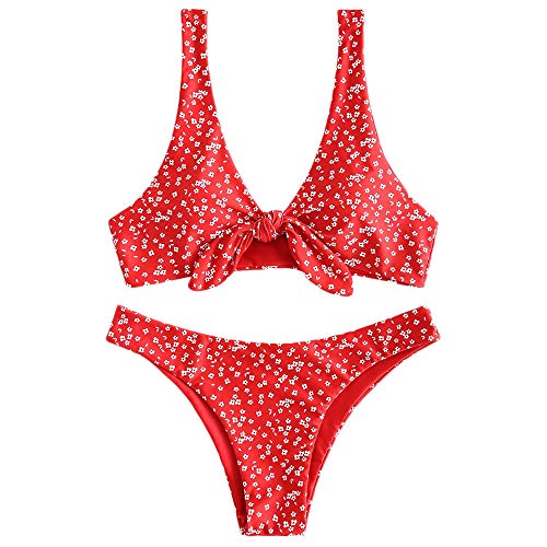 ZAFUL - Conjunto de bikini para mujer, diseño de flores, cintura baja, nudo delantero, dos piezas rojo S