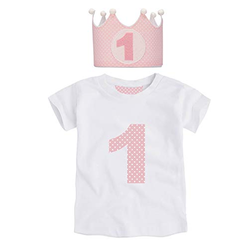 Anak-Conjunto 1er Cumpleaños de 2 Piezas Corona + Camiseta 9-18 Meses - Regalos Originales para Bebes (Lunares Rosa, 12-18 Meses)