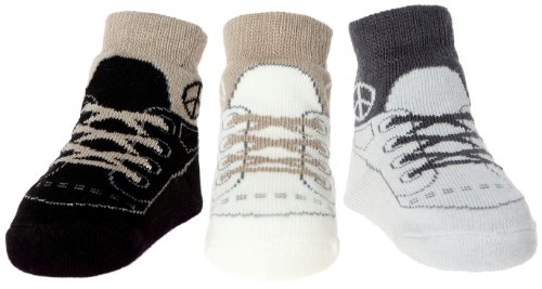 Baby Emporio 3 pares de calcetines para bebé niño - Suelas antideslizantes - Algodón suave - Con bolsita regalo - Efecto zapatillas - 0-12 meses (PEACE-BOLSA)