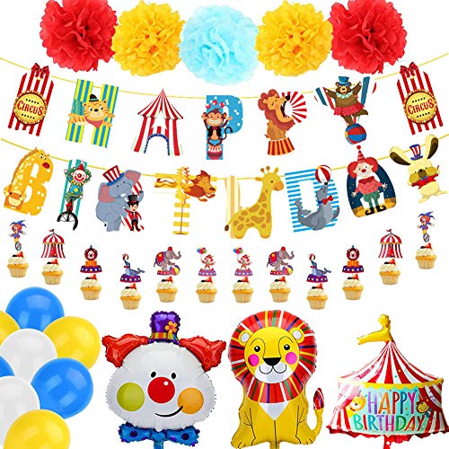 BETOY Carnaval Circo Decoración Fiesta de Cumpleaños, Feliz Cumpleaños Decoración Niño Chica con Pancarta de Happy Birthday Decoraciones,Elefante Payaso Globo para Circo Parque Diversión
