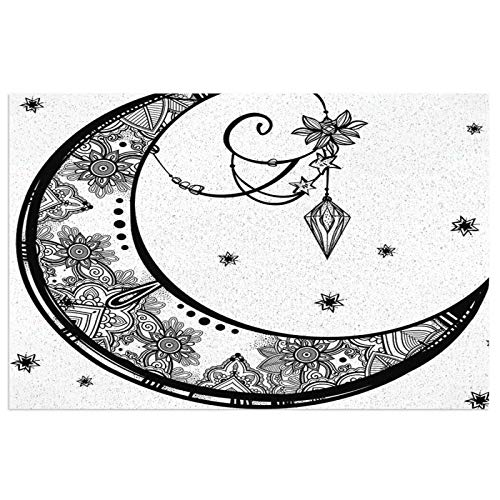 cap hat Tribal Decor Paisley Floral Moon Crescent Gems Indian Astrology Inspired Design Print Black and White PVC Door Mat 40x60cm Non-Slip Stain Fade Resistant Carpet