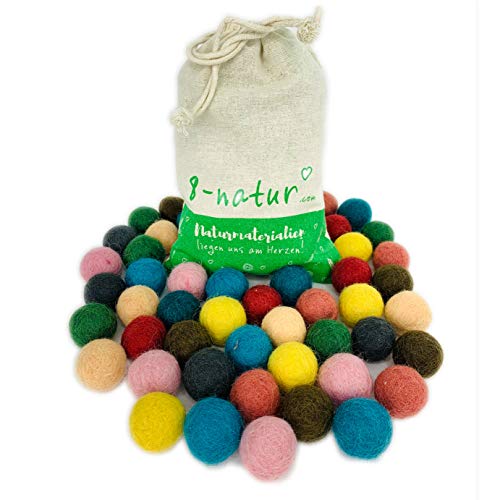 Colección llena de color de 50 bolas de fieltro "Amigos Mix" de 2,2 cm de grosor, hechas de pura lana merino para elaborar guirnaldas, móviles y macetas, o solo para decoración.