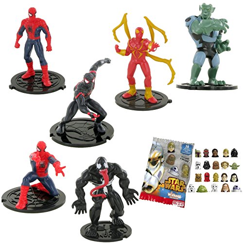 Comansi Lote 6 Figuras Marvel Ultimate Spiderman - Spiderman agachado y de pie - Miles Morales - Iron Spiderman - Venom - Duende Verde + Regalo