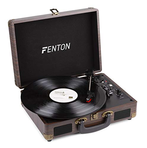 Fenton RP115 Tocadiscos Retro en Estuche con Altavoces Integrados, Bluetooth y USB - (Madera Oscura)