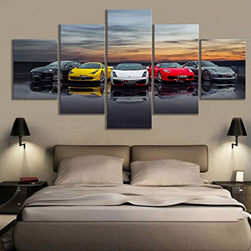 FJNS Lujo Ferrari Porsche Supercar Cars Obra de Arte Decoración de Pared 5 Piezas/Paneles Impresión en Lienzo, para decoración del hogar Sala de Estar Enmarcado e Impresiones,A,30×40×230×60×230×80×1