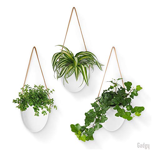 Gadgy Colgador de Plantas Cerámica Blanca | Set de 3 Macetas | Maceta Colgante para Jardín Interior o Exterior | Incluye 3 Cuerdas Diferentes y Bolsa de Almacenamiento