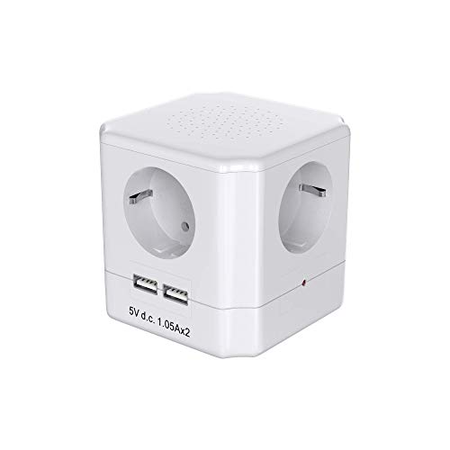 Garza Power - Base múltiple Cubo de 4 tomas Schuko con Interruptor + 2 Conexiones USB, cable 1.5mm x 1.5 metros, color Blanco