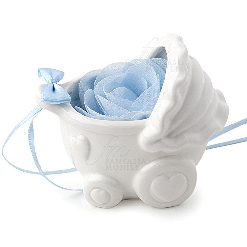 Hervit - Cochecito de porcelana blanca con pétalos, flor celeste, bombonera para niño o bebé 25729