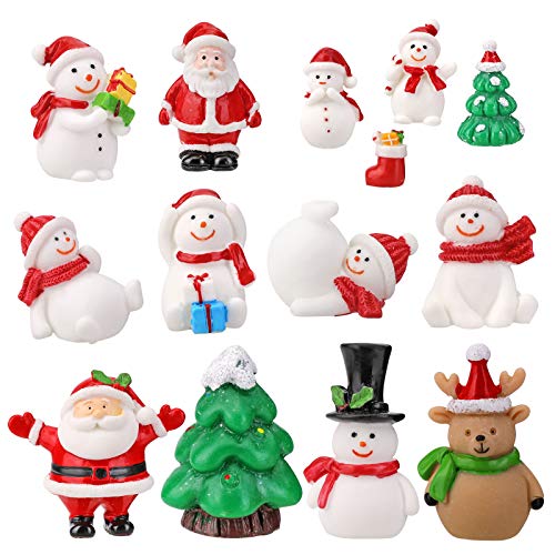 HOWAF Mini Figuritas de Navidad, 14 Piezas Mini Adornos Navideños Resina Santa Claus Muñeco de Nieve Reno decoración del Paisaje