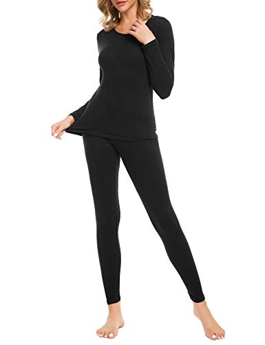 iWoo Conjunto de ropa interior térmica para mujer, ultra suave, cuello redondo, manga larga, capa base superior y parte inferior