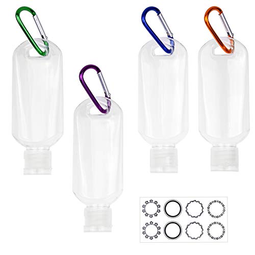 Kare & Kind Botellas Trasparentes Portátiles para Viajes - 4X Botellas Vacías con Tapas Levadizas, 4X Mosquetones, 1x Hoja de Etiquetas - hasta 50 ML - para Desinfectantes de Mano