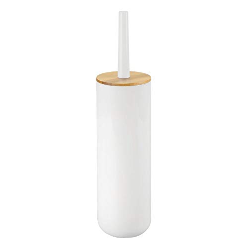 mDesign Escobilla de baño con soporte moderno – Escobillero de baño de alta calidad – Cepillo para inodoro de plástico resistente y con detalles en madera – color bambú/blanco