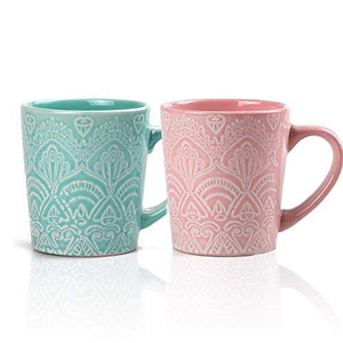 MiliPow Hannah's Choice Fine Patterns and Texture Mug - Juego de tazas de café y té (2 unidades, 320 ml), color verde y rosa