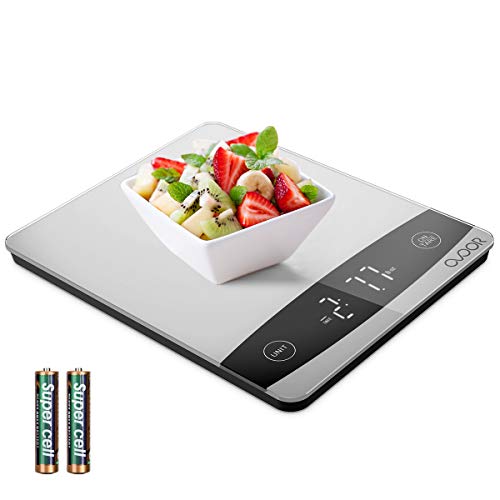 OVOOR Báscula Digital de Cocina 10kg Balanza Alimentos Multifuncional con Superficie de Vidrio Templado y Pantalla LED para Peso de Comida (Baterías Incluidas)