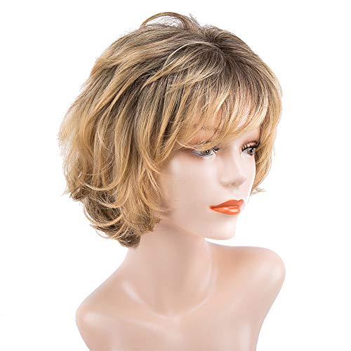 Peluca corta moderna de pelo humano con cabello ondulado de color rubio dorado para mujer, cabello humano real resistente al calor
