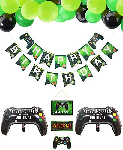 PIXHOTUL Suministros para Fiestas de Videojuegos Happy Birthday Gaming Banner, Decoración Colgante de Bienvenida y Globos Temáticos de Jugador de 32 Piezas para Fiesta de Cumpleaños de Niños