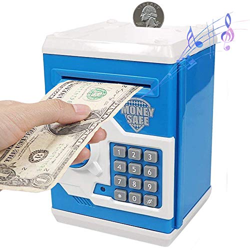 PowerKing Hucha, Caja de Ahorro Segura de Hucha de cajero automático de Dibujos Animados electrónica - Caja de Monedas de contraseña de Ahorro de Dinero del Banco de Dinero para niños (ATM Azul)