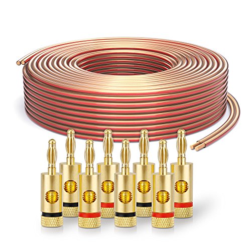 PureLink SP060-025 Cable de altavoz 2 x 2.5 mm² (99.9% OFC alambre de cobre sólido 0.20mm) Cable de altavoz de alta fidelidad, 25m, transparente, Set incluye 4 tapones de banana