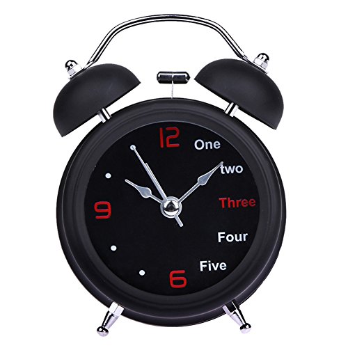 Reloj despertador silencioso de doble campana, sin tictac, alarma de doble campana, reloj mecánico de cuerda fuerte con esfera estereoscópica, luz nocturna, funciona con pilas, color negro (3 €)
