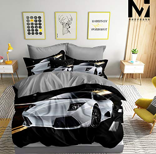 Ropa de cama 3D con diseño de coche deportivo, color blanco, funda nórdica de 135 x 200 cm + 80 x 80 cm, doble cara, negro, blanco y gris, con cierre
