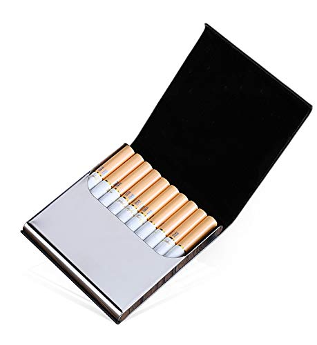 sciuU Caja Cigarrillos, Tabaco de Metal Acero Inoxidable Caja Ultra Delgada con Cubierta de PU Cuero & Terciopelo Interior, Negro