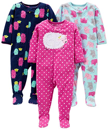 Simple Joys by Carter's pijama de forro polar suelto para bebés y niñas pequeñas, paquete de 3 ,Elephant/Lamb/Monster ,24 Meses