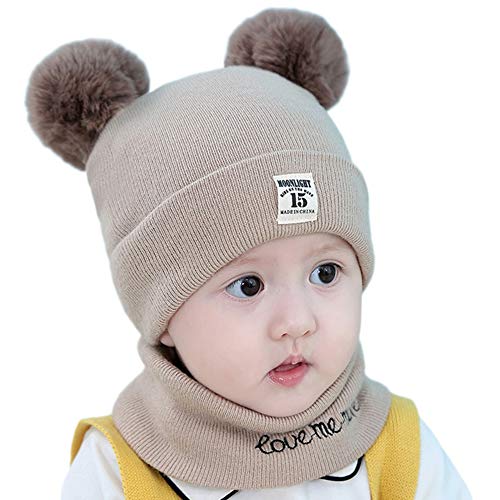 Springlinges 2pcs/set 0-1Y Baby Kids Letter Pompom Knitted Scarf Beanies Cap (Coffee)