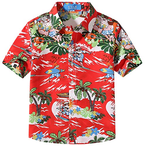 SSLR Camisa Hawaiana Tropical Estampado Navideño Papá Noel 3D Casual para Niño (Medium, Rojo)
