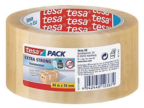 Tesa - Torre de rollos de cinta de embalaje extrafuerte (PVC; 50 mm x 66 m, 6 unidades), transparente